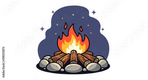 Campfire burning brightly at night with stars.