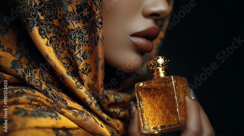 Luxurious Golden Perfume Bottle Held by an Elegant Woman with Ornate Headscarf