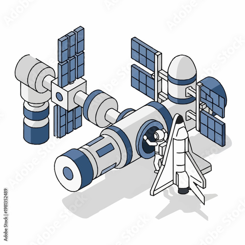 Space Station with Solar Panels Orbiting.