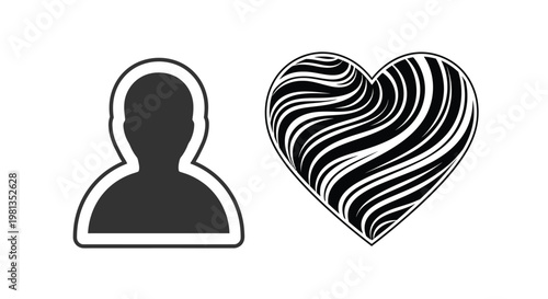 A minimalist depiction showcases a person s head silhouette alongside a striped heart shaped graphic