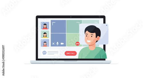 A flat-style illustration showing an individual in a video call on a laptop, incorporating interface frame elements, a simple minimal composition, gentle gradients, and a white backdrop.