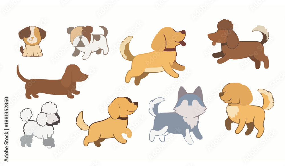 Obraz premium Cute Cartoon Dogs Vector Set Diverse Small and Big Dog Breeds Isolated on White Background