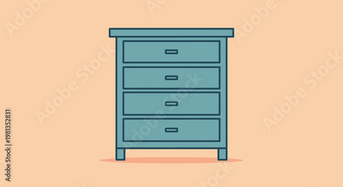 A simple illustration depicts a teal colored four drawer dresser against a soft peach background