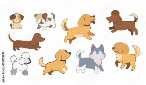 Cute Cartoon Dogs Vector Set Diverse Small and Big Dog Breeds Isolated on White Background