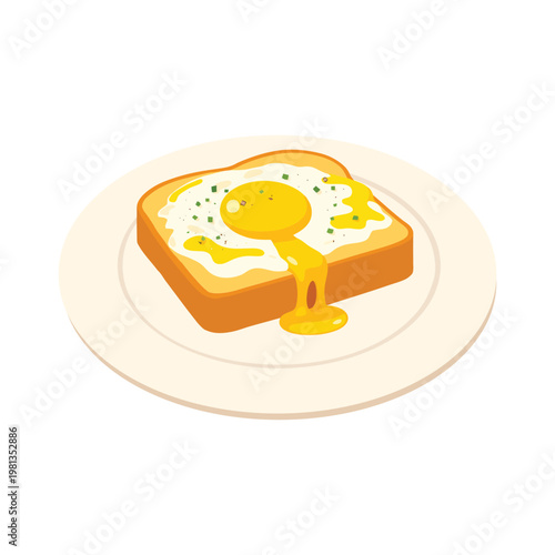 Runny Fried Egg on Toast Vector Illustration, Minimal Breakfast Food Design with Egg Yolk Drip, Clean Flat Bread and Egg Graphic, Modern Kitchen Meal Concept