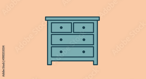 A simple illustrated depiction of a light blue dresser with five drawers on a peach background
