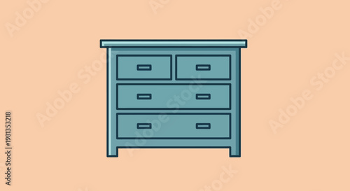 A simple teal colored wooden dresser with four drawers sits against a light peach background