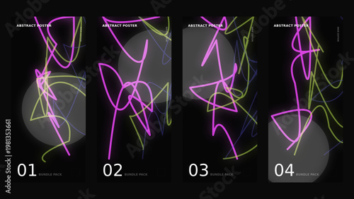 Abstract poster set with neon scribble lines, collection of 4 vertical vector backgrounds, dark aesthetic with glowing pink and lime green strokes