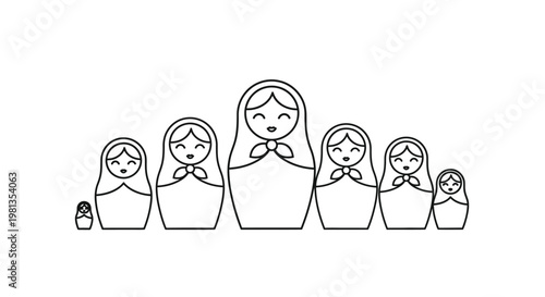 A set of five nested russian matryoshka dolls in a black and white line drawing style
