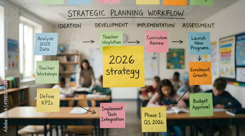 Strategic Planning Workflow: A vibrant visual aids a teacher in leading a strategic planning session.