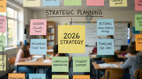 Strategic Planning in Action: In a modern classroom, the concept of Strategic Planning comes to life. colorful sticky notes are meticulously arranged, highlighting key strategic components.