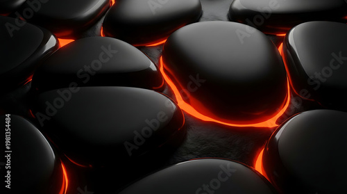 Abstract Black Pebble Stones with Red Neon Glow, Modern 3D Smooth Background