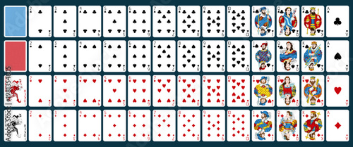 Complete playing cards deck with 54 cards including all suits and back design. Vintage retro vector illustration, classic casino style for print and games