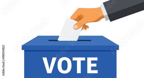A hand is shown inserting a white ballot into a bright blue voting box labeled vote