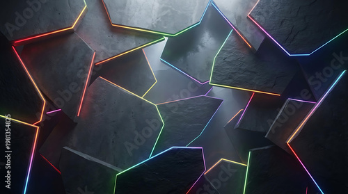Abstract Dark Polygon Surface with Colorful Neon Lines, Futuristic Geometric Background