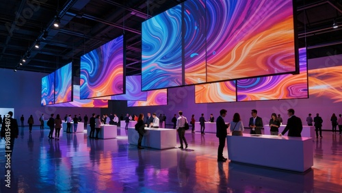 People interacting at a modern technology exhibition