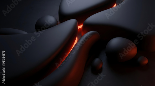 Abstract Black Fluid Shapes with Red Glow, Modern 3D Smooth Curve Background