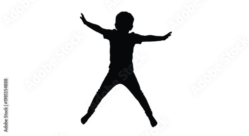 A silhouette of a young child joyfully jumping with arms outstretched against a plain white background
