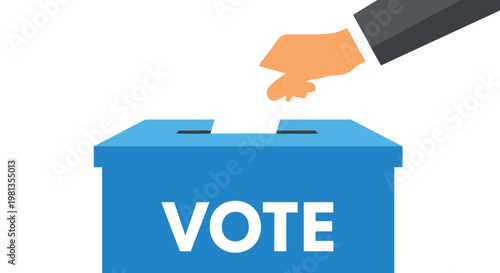 A hand is shown depositing a white ballot into a blue voting box labeled vote