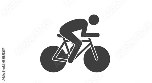 A simple black silhouette depicts a cyclist in motion riding a bicycle with two wheels