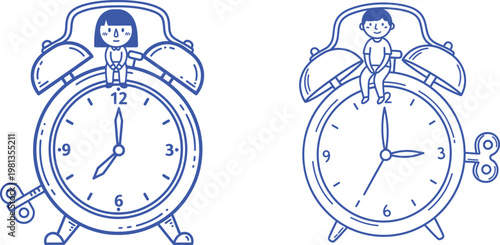 Time Management Concept Set: Minimalist Naive Art Person Sitting on Giant Alarm Clock Vector