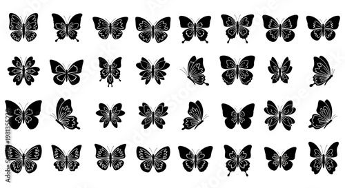 Collection of various butterfly silhouettes on white background.
