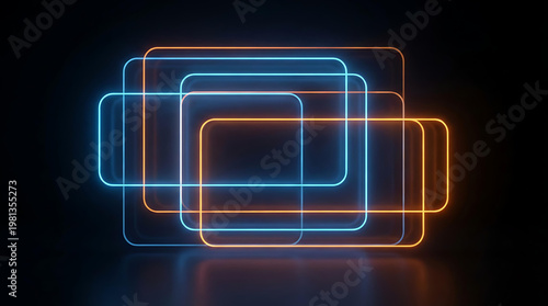 Abstract Neon Rectangle Overlap Background, Blue and Orange Glowing Frames Design