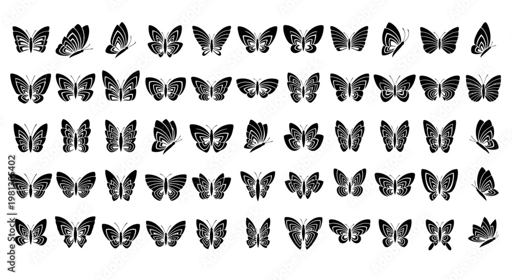 Fototapeta premium Collection of various butterfly silhouettes on white background.
