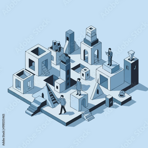 Abstract architectural structures with tiny people exploring.