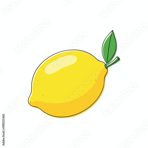 Bright Yellow Lemon with Green Leaf on a White Background