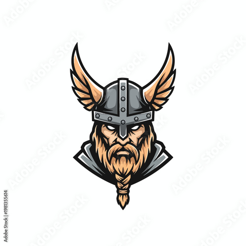 Stylized Viking Warrior Head with Helmet and Horns for Fantasy Game or Logo Design