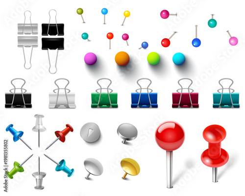 Set of Colorful Plastic Paper Clips and Binder Clips Isolated on White Background