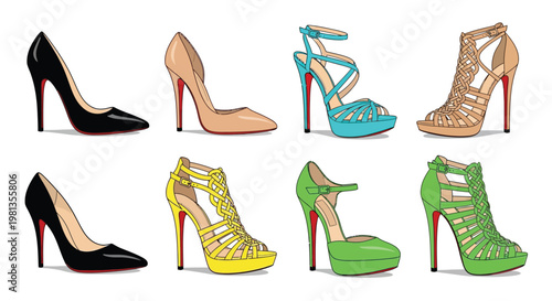 A colorful collection of fashionable high heeled shoes in various styles and vibrant hues are displayed