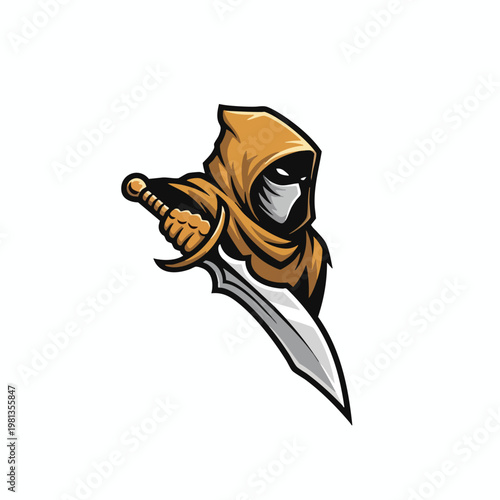 Creative Illustration of a Mysterious Hooded Character with a Sword