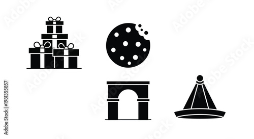 A collection of minimalist black icons depicts gifts a cookie an arch and a party hat