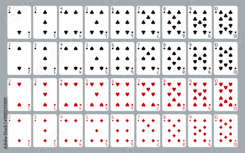 Set of number playing cards 2 to 10. All suits: spades, hearts, diamonds, clubs. Vintage retro style vector illustration, classic casino deck isolated