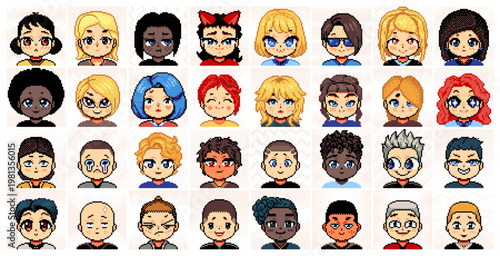 Pixel art avatars. Cute 8-bit character avatar faces, retro gaming person profile icons and kawaii pixelated people. Multi-ethnic human head portraits with various hairstyles and facial expressions