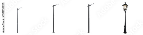 Fotografía Set of tall metal street lamps and vintage garden light poles isolated on white