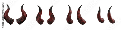 Foto Set of realistic red and black devil horns isolated on white background, collect