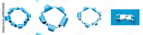 Obraz na płótnie Set of blue torn paper holes with ripped curled edges isolated on white backgrou