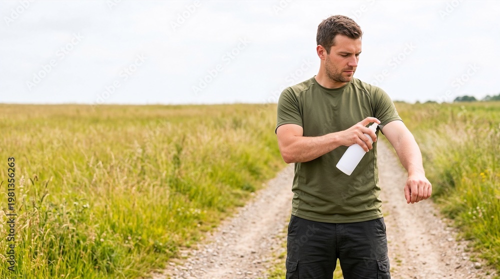 Fototapeta premium Man applying insect repellent on arm while standing in grassy field 