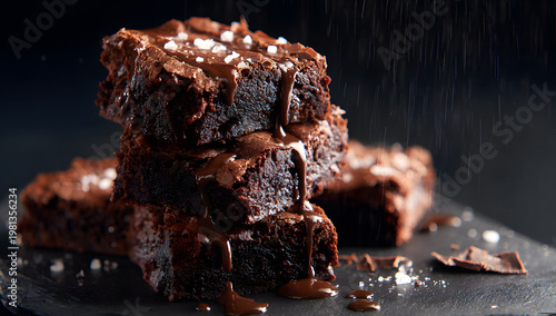 Branding confectionery, baking, and chocolate with dark chocolate brownies that are stacked with flowing melted chocolate and detailed food photography.