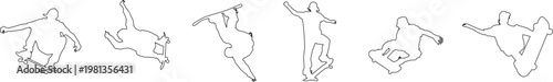 Technical illustration showing a sequence of skateboarder silhouettes performing various tricks like jumps and flips in outline style for sports design.