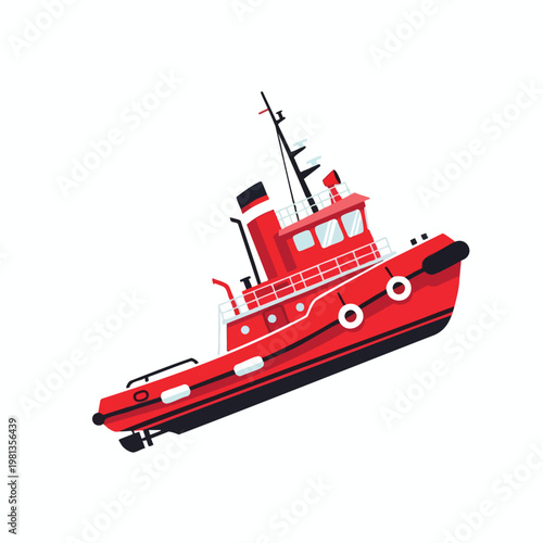 Colorful Red Tugboat Floating on Calm Water with Clear Sky