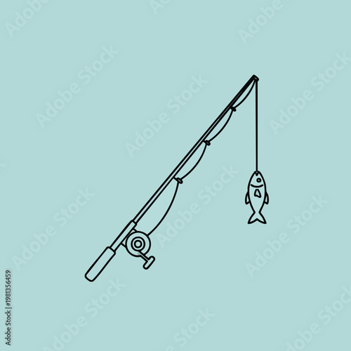 Simple Illustration of a Fishing Rod with a Fish Hooked on the Line