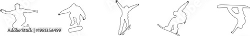 Technical illustration showing a sequence of winter sports athlete silhouettes performing snowboarding and skiing tricks and jumps in outline style.