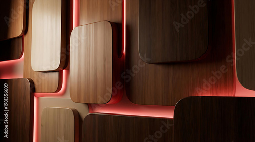 Abstract Wooden Panel Background with Red Neon Glow, Modern 3D Geometric Interior Design