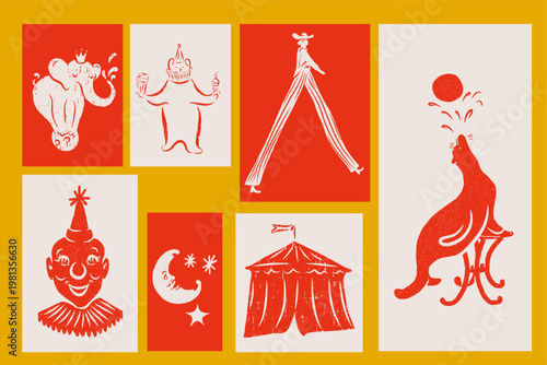 Vintage circus and carnival post stamps in doodle sketch charcoal style. Funfair invitation elements for postcard prints. Elephant and clown vector illustrations for mail and sticker set.