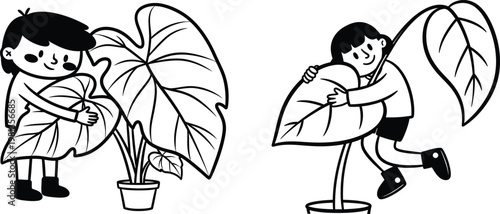Love for Nature Concept Set: Minimalist Naive Art Person Hugging Giant Plant Leaf Vector Illustration