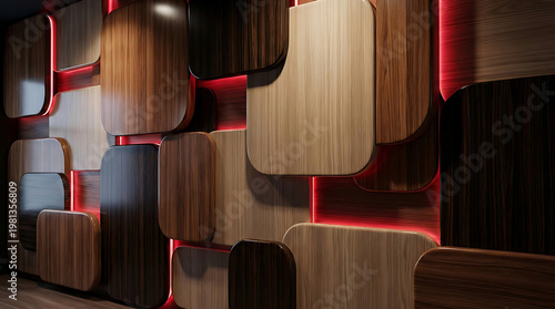 Modern Wooden Abstract Wall Design with Red Neon Lights, Geometric 3D Interior Background